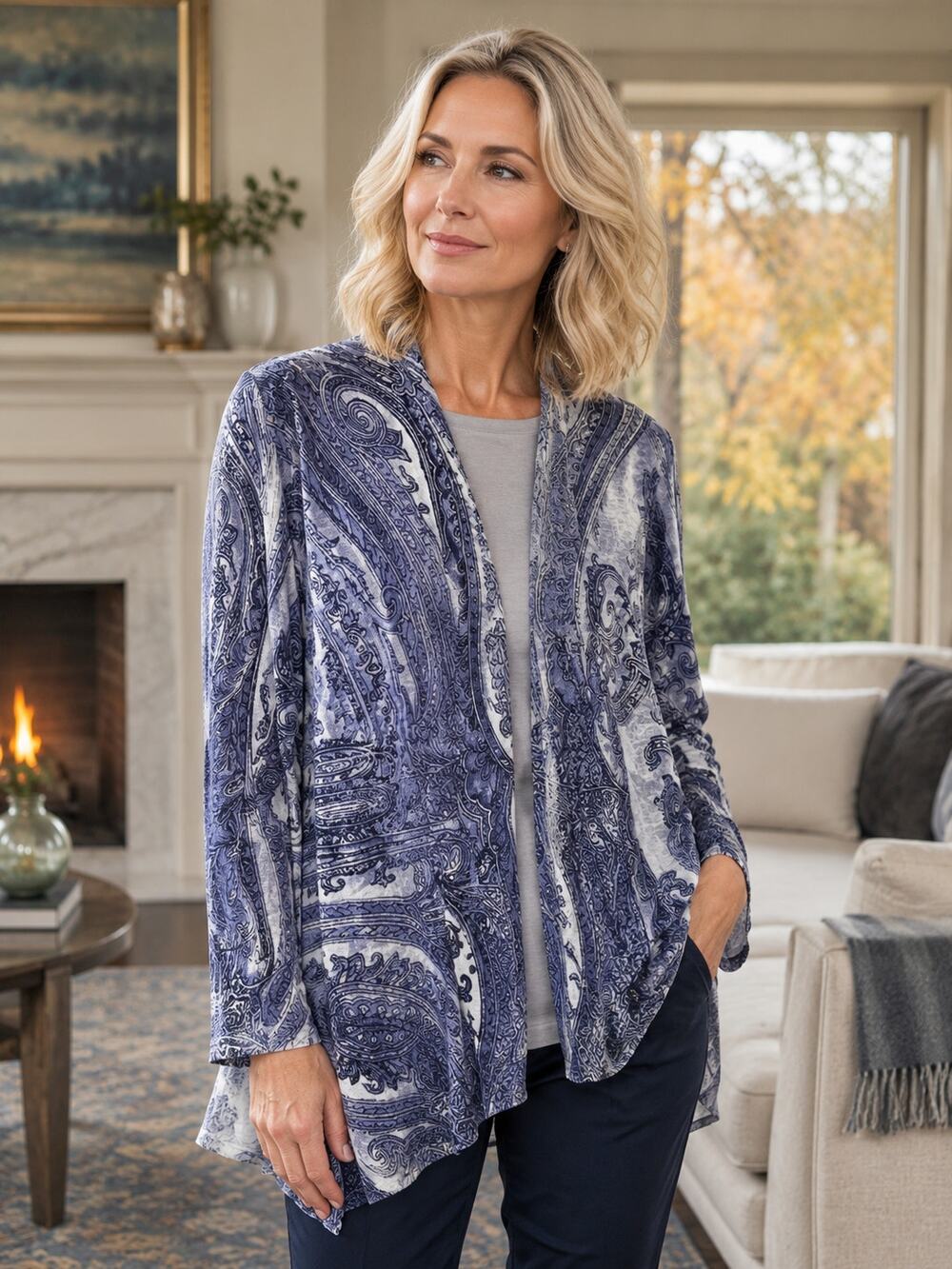 Chico’s Size XL Blue White Paisley Open Front Long Cardigan